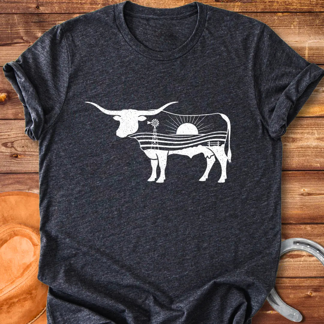 Longhorn cattle art t-shirt with a windmill and plains design