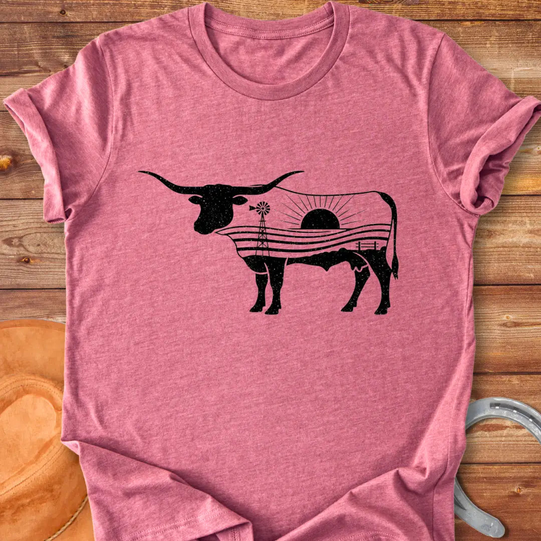 Longhorn cattle art t-shirt with a windmill and plains design