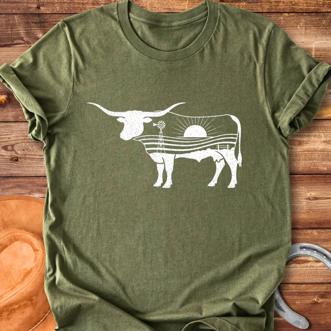 Longhorn cattle art t-shirt with a windmill and plains design