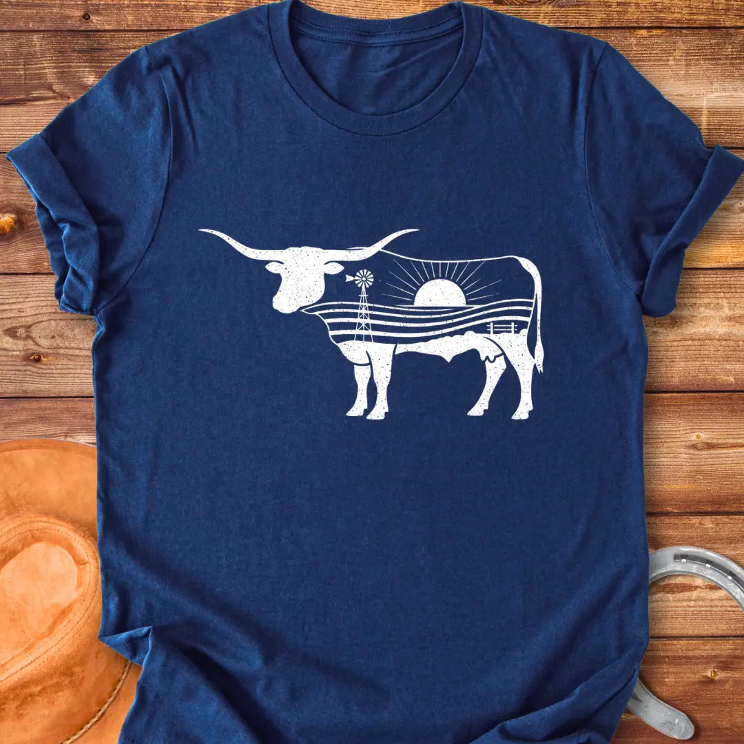 Longhorn cattle art t-shirt with a windmill and plains design