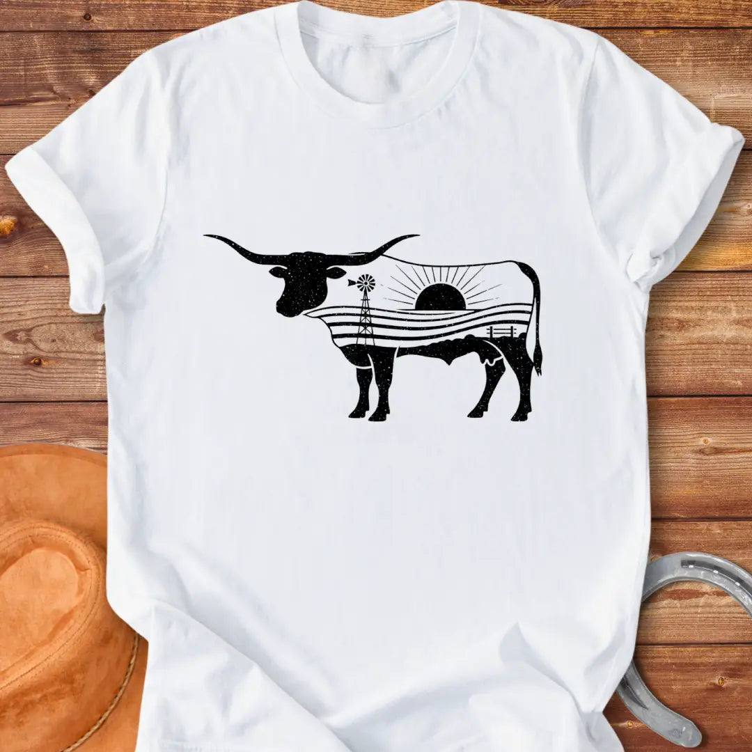 Longhorn cattle art t-shirt with a windmill and plains design