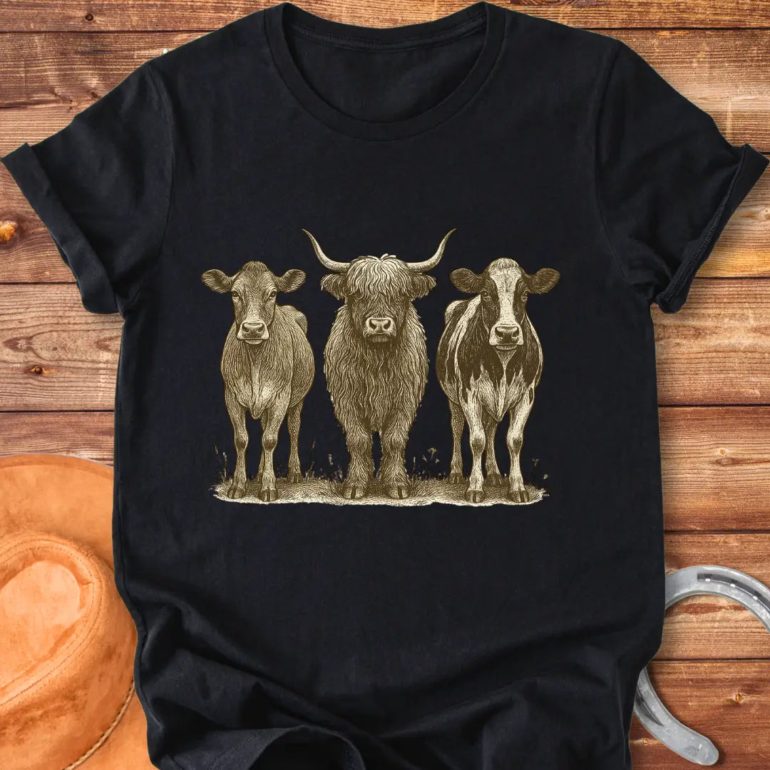 Woodland Cow Portrait Trio T-Shirt featuring illustrations of three cows: a highland cow and two other breeds