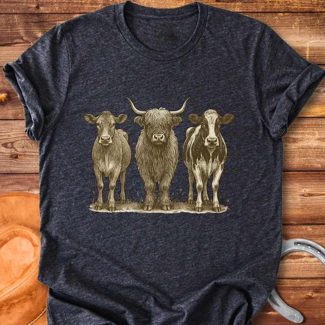Woodland Cow Portrait Trio T-Shirt featuring illustrations of three cows: a highland cow and two other breeds