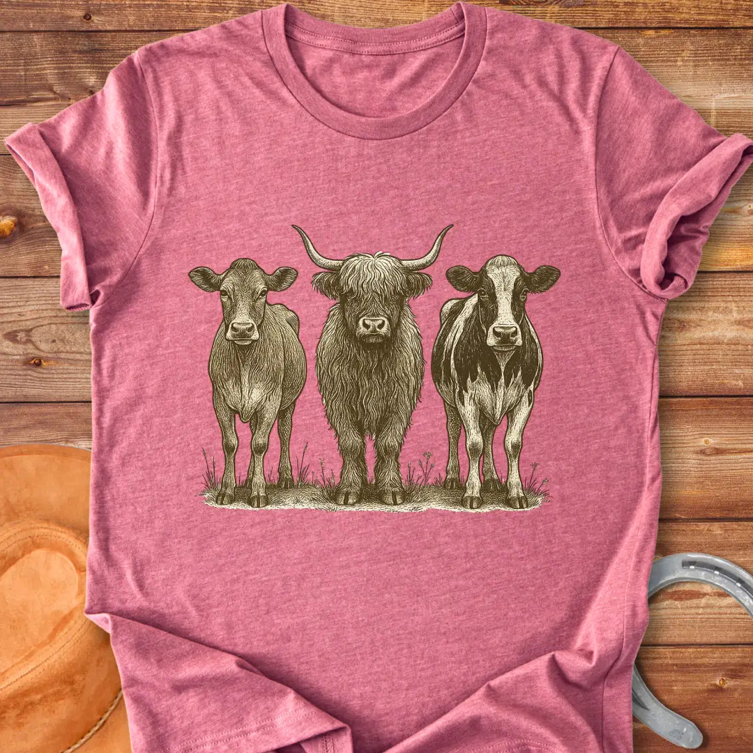 Woodland Cow Portrait Trio T-Shirt featuring illustrations of three cows: a highland cow and two other breeds