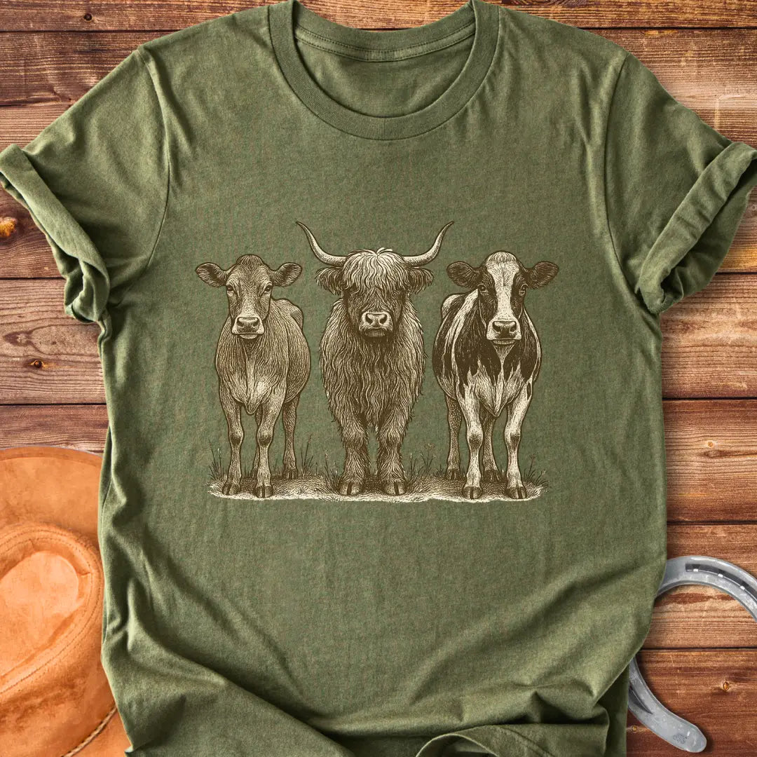 Woodland Cow Portrait Trio T-Shirt featuring illustrations of three cows: a highland cow and two other breeds