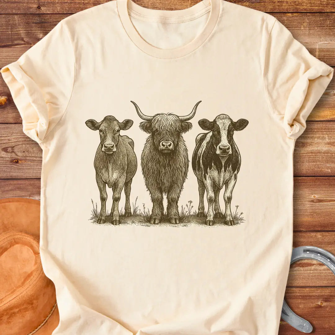 Woodland Cow Portrait Trio T-Shirt featuring illustrations of three cows: a highland cow and two other breeds