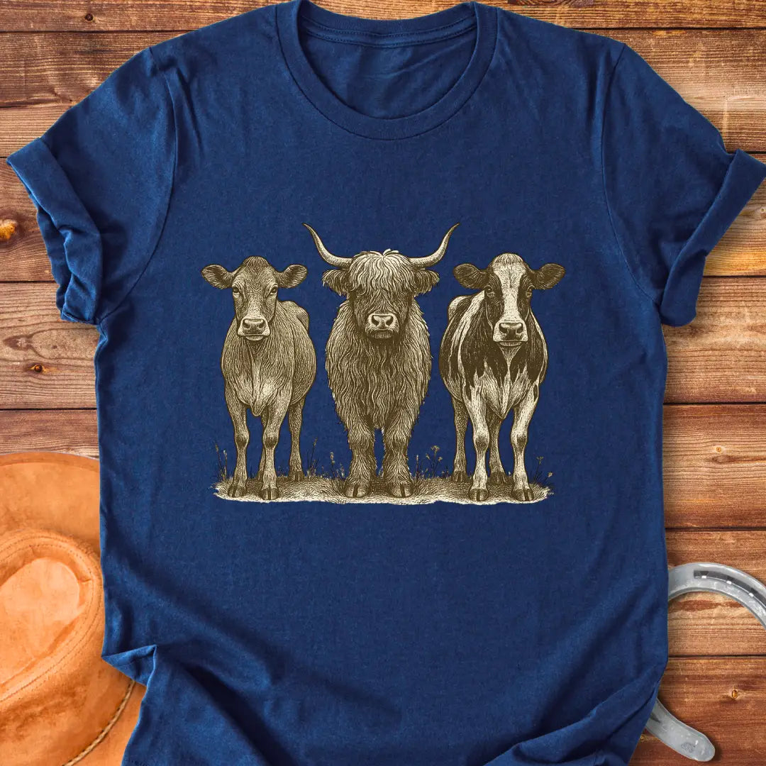 Woodland Cow Portrait Trio T-Shirt featuring illustrations of three cows: a highland cow and two other breeds