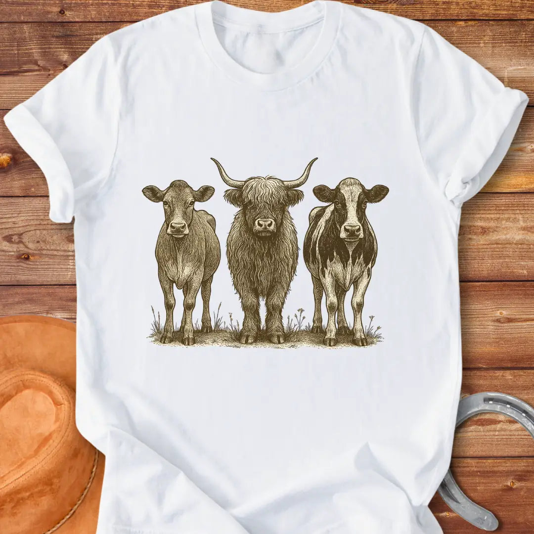 Woodland Cow Portrait Trio T-Shirt featuring illustrations of three cows: a highland cow and two other breeds