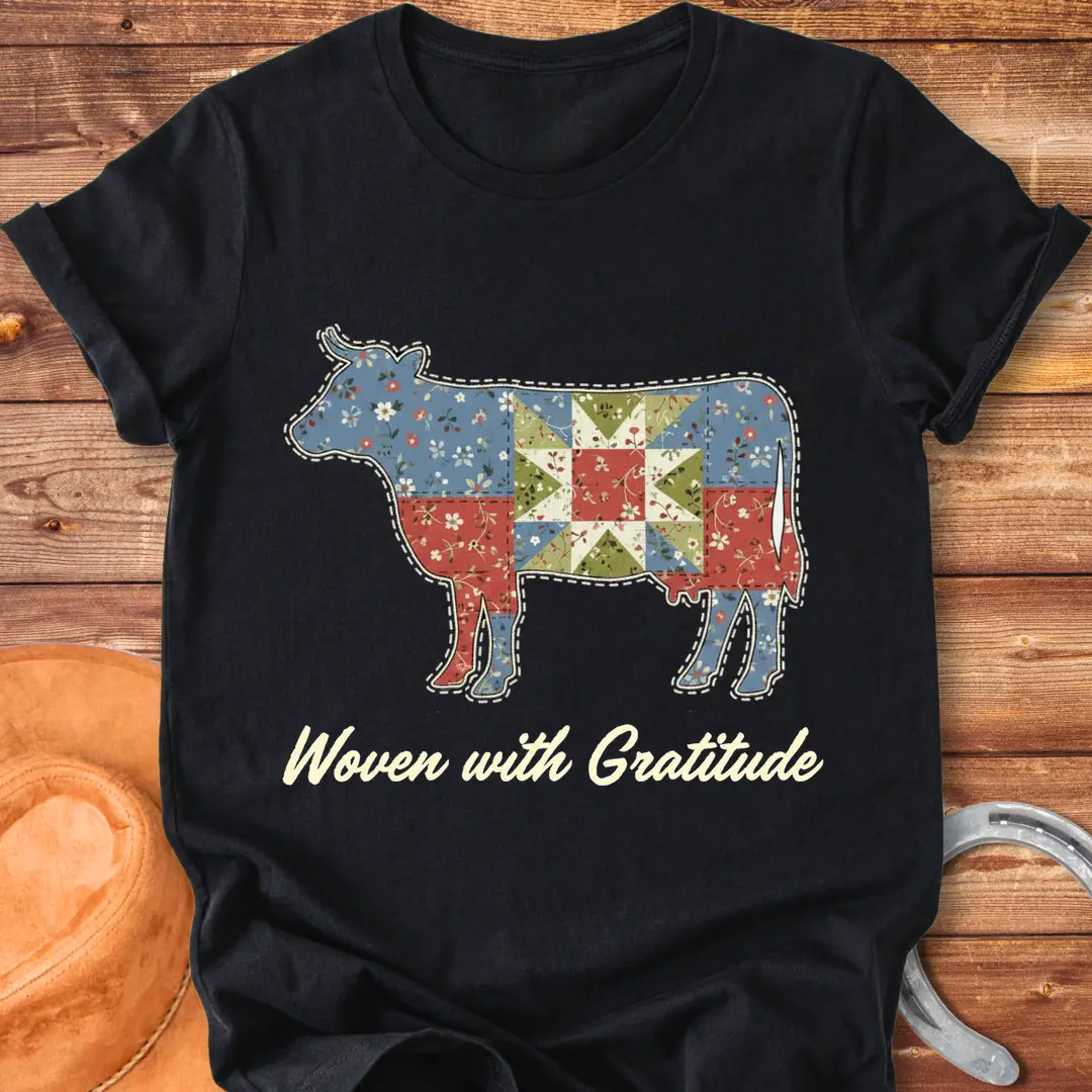 Patchwork cow design on a t-shirt. Features a cow silhouette made of floral fabric, with the words 'Woven with Gratitude' underneath.
