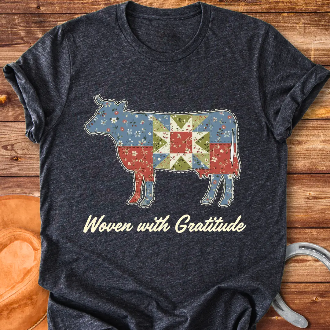 Patchwork cow design on a t-shirt. Features a cow silhouette made of floral fabric, with the words 'Woven with Gratitude' underneath.