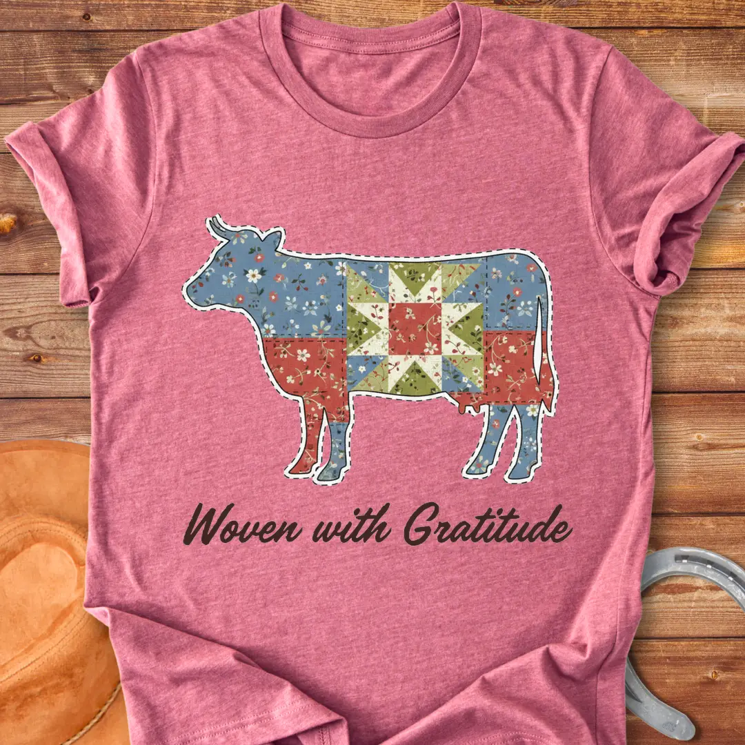 Patchwork cow design on a t-shirt. Features a cow silhouette made of floral fabric, with the words 'Woven with Gratitude' underneath.