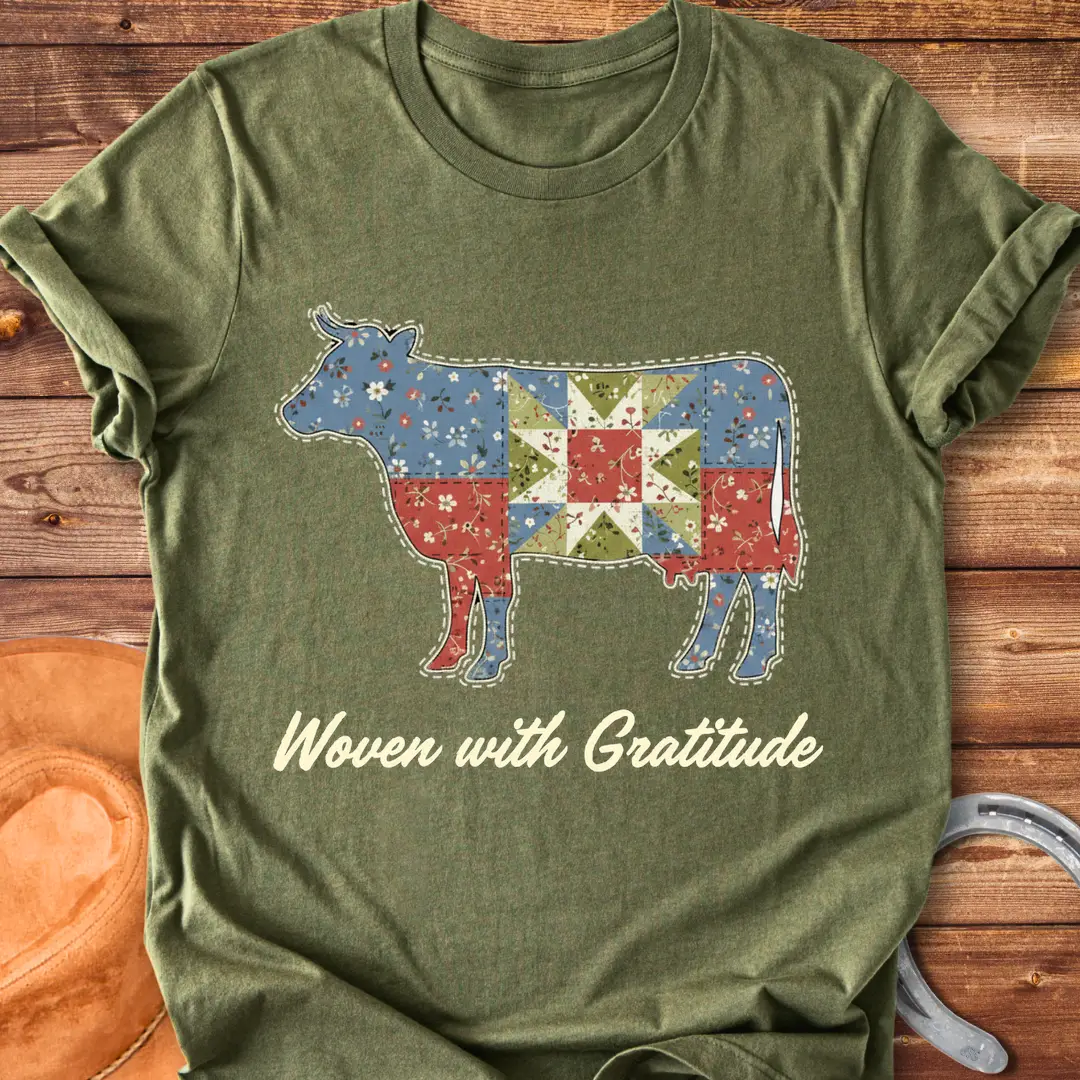Patchwork cow design on a t-shirt. Features a cow silhouette made of floral fabric, with the words 'Woven with Gratitude' underneath.
