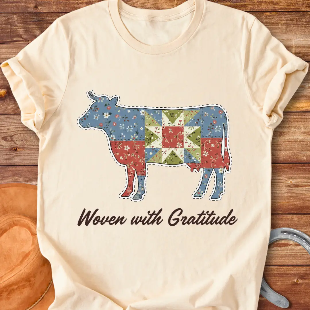 Patchwork cow design on a t-shirt. Features a cow silhouette made of floral fabric, with the words 'Woven with Gratitude' underneath.