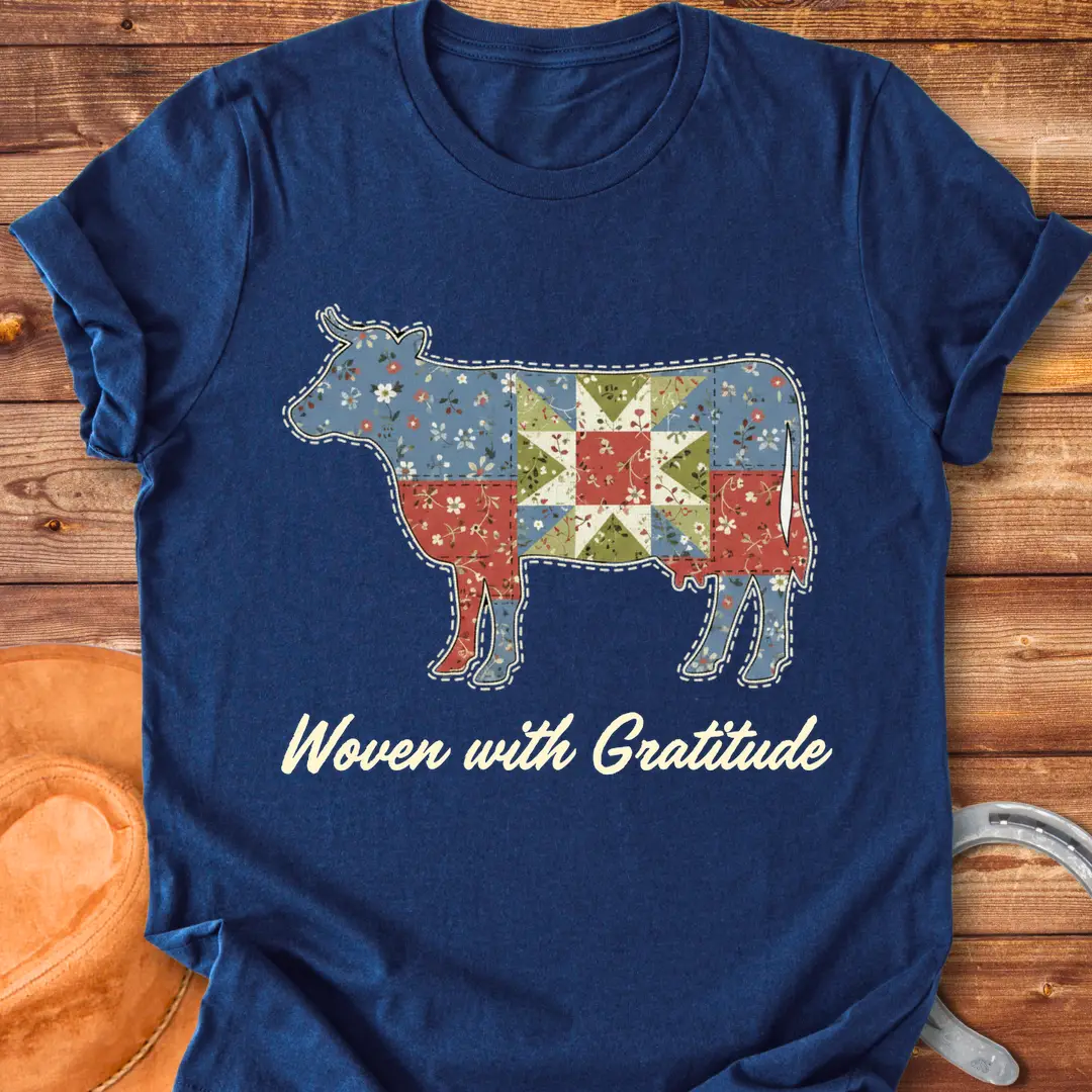 Patchwork cow design on a t-shirt. Features a cow silhouette made of floral fabric, with the words 'Woven with Gratitude' underneath.
