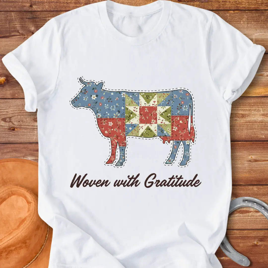 Patchwork cow design on a t-shirt. Features a cow silhouette made of floral fabric, with the words 'Woven with Gratitude' underneath.