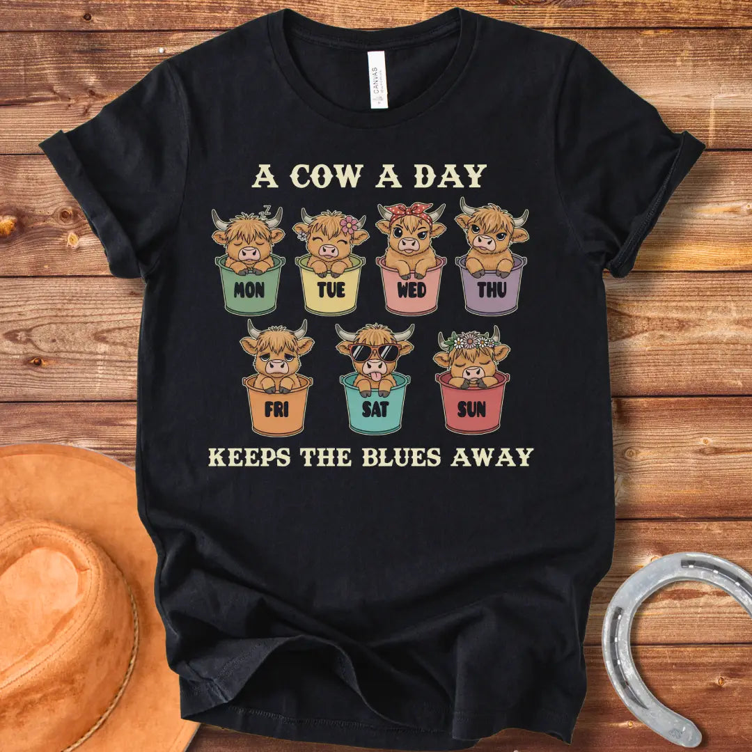 A Cow A Day Vintage T-Shirt featuring cute cow illustrations for each day of the week, designed for cow lovers.