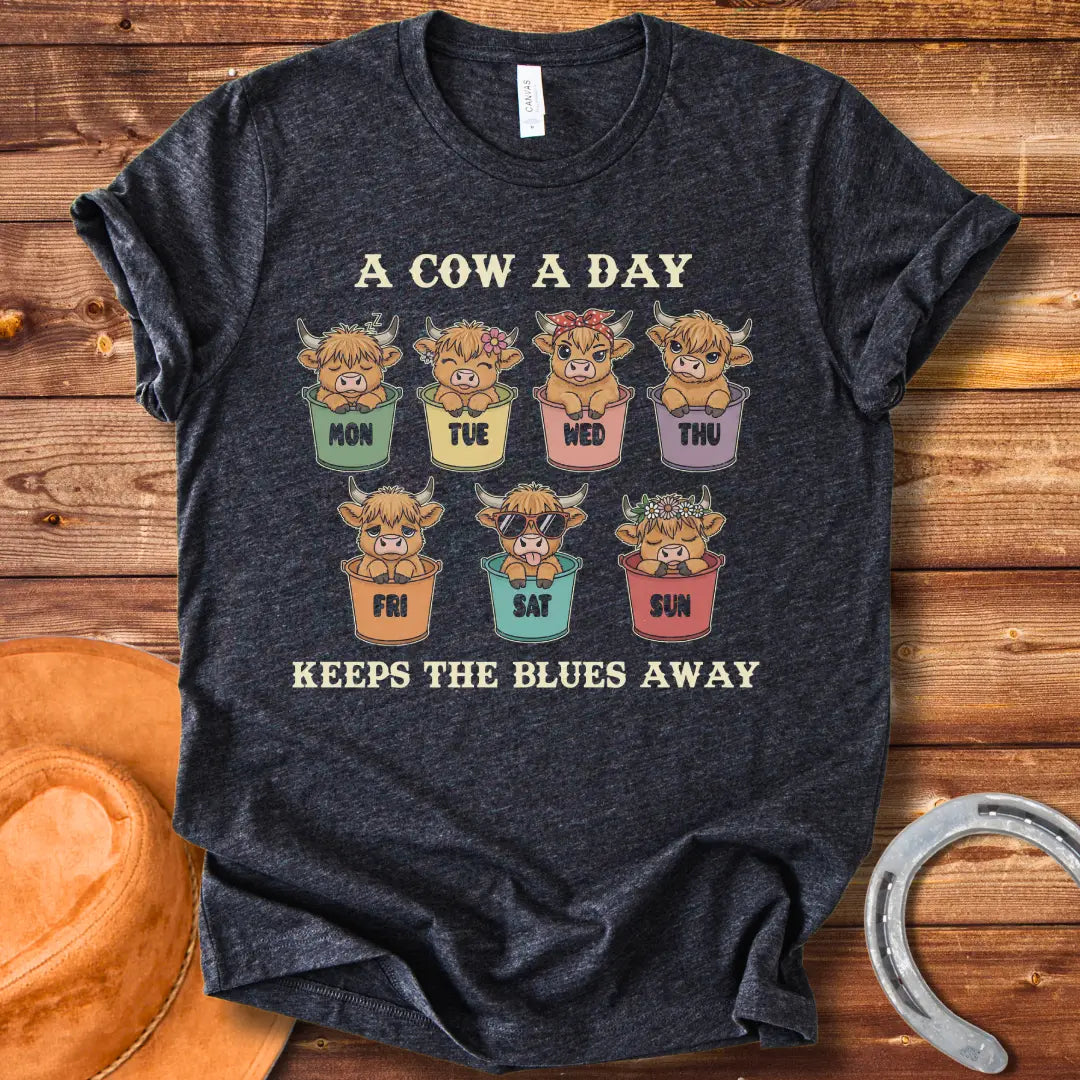 A Cow A Day Vintage T-Shirt featuring cute cow illustrations for each day of the week, designed for cow lovers.