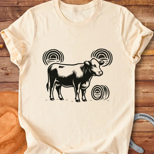 Abstract design t-shirt featuring a cow silhouette and stylized hay bales.