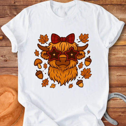Cartoon illustration of a Highland cow wearing star-shaped sunglasses and a bow, surrounded by acorns, mushrooms, and fall leaves.