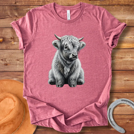 Illustration of a cute baby Highland cow with long white fur and small horns, sitting down and looking friendly.