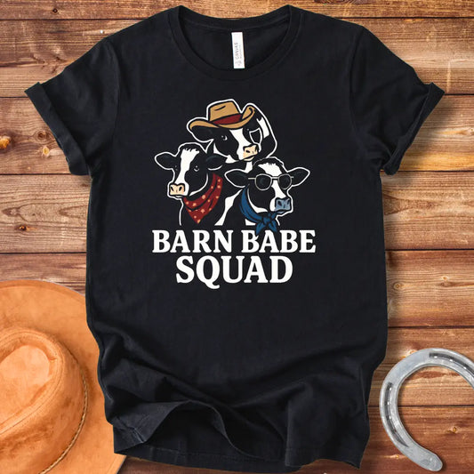 Barn Babe Squad T-Shirt featuring three illustrated cows wearing bandanas and a cowboy hat, perfect for cow lovers and farm enthusiasts.