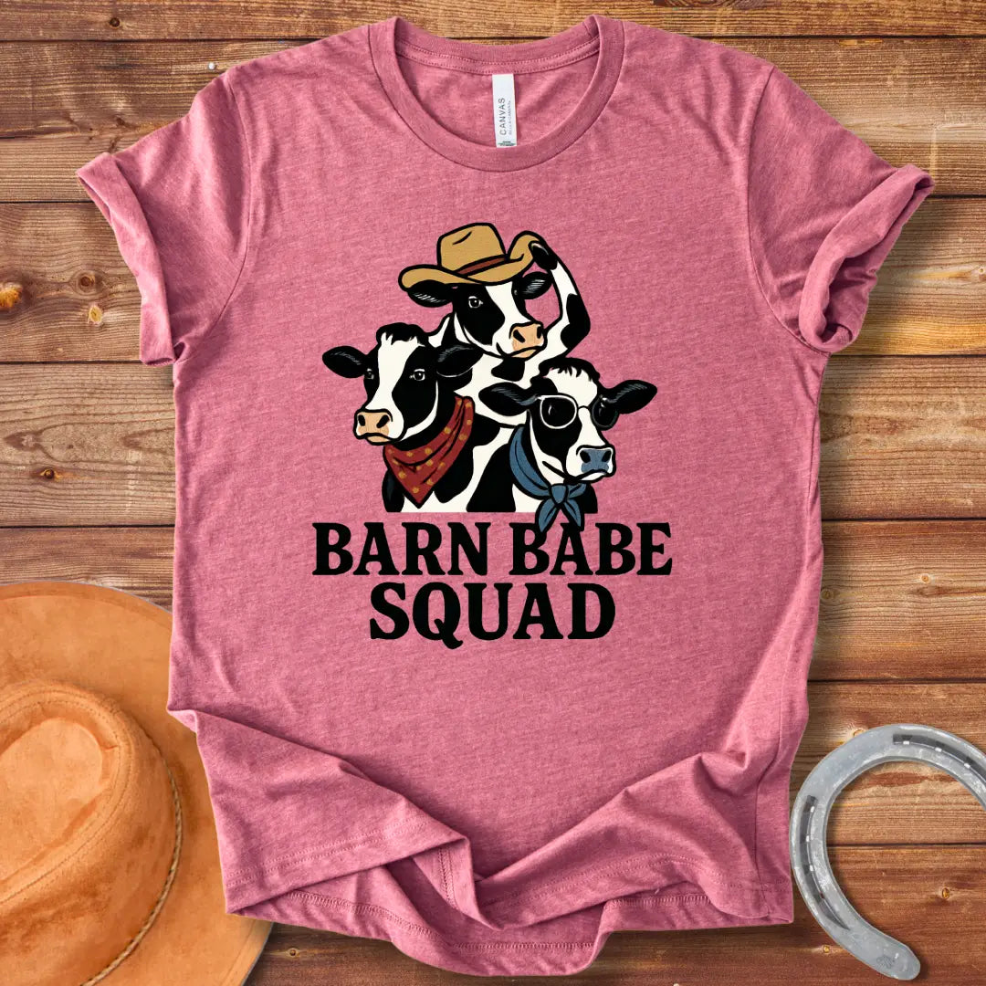 Barn Babe Squad T-Shirt featuring three illustrated cows wearing bandanas and a cowboy hat, perfect for cow lovers and farm enthusiasts.