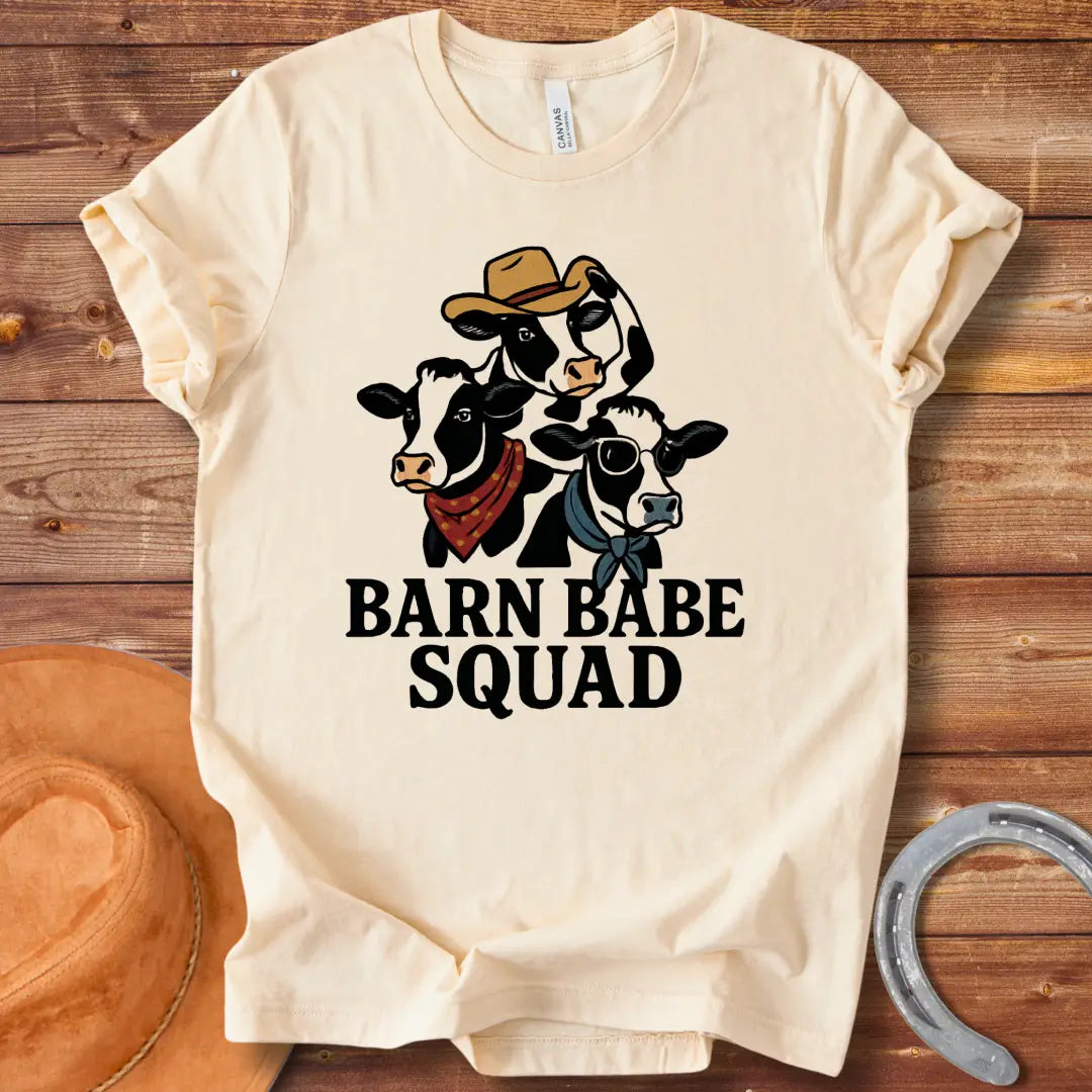 Barn Babe Squad T-Shirt featuring three illustrated cows wearing bandanas and a cowboy hat, perfect for cow lovers and farm enthusiasts.