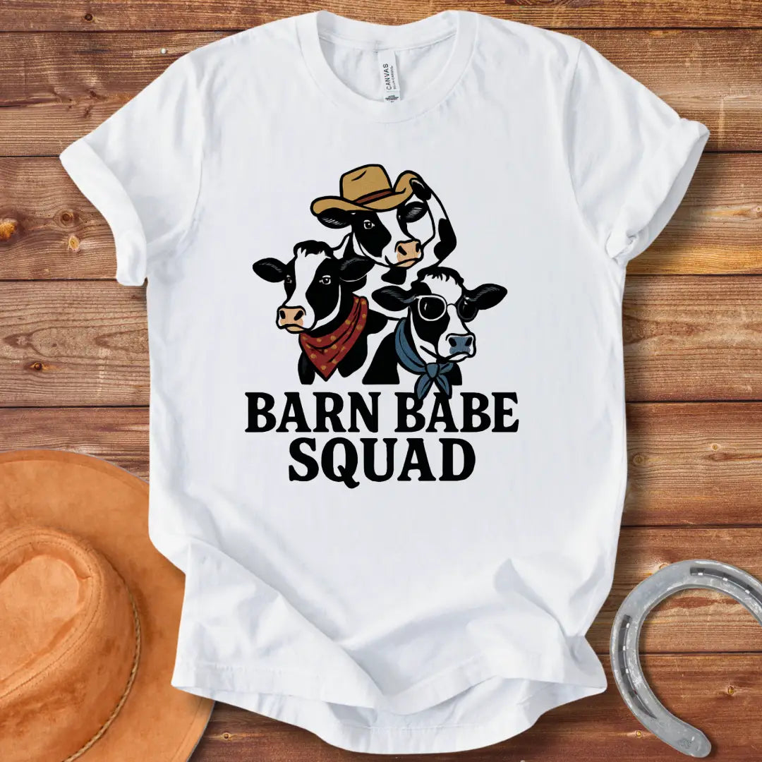 Barn Babe Squad T-Shirt featuring three illustrated cows wearing bandanas and a cowboy hat, perfect for cow lovers and farm enthusiasts.