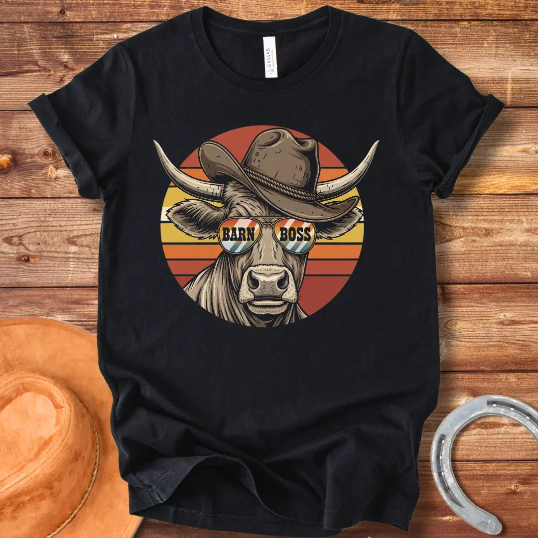 Illustration of a cow wearing a cowboy hat and sunglasses that says 'Barn Boss'