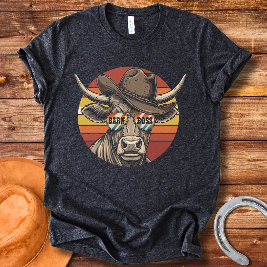 Illustration of a cow wearing a cowboy hat and sunglasses that says 'Barn Boss'