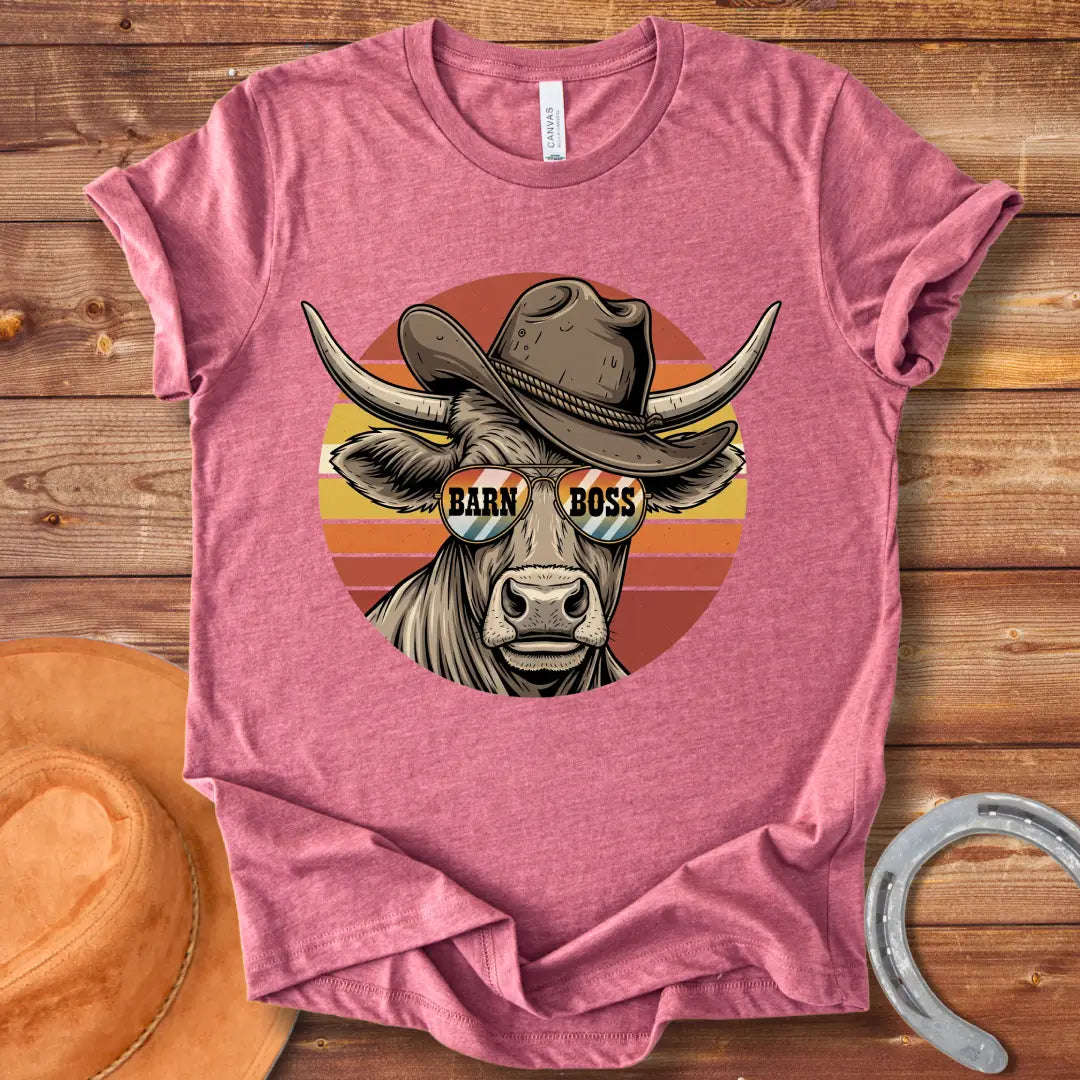Illustration of a cow wearing a cowboy hat and sunglasses that says 'Barn Boss'