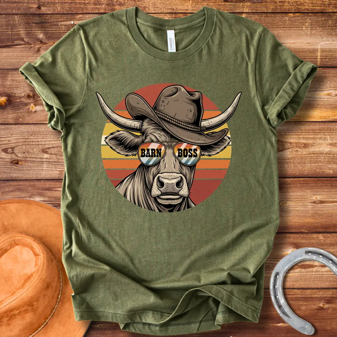 Illustration of a cow wearing a cowboy hat and sunglasses that says 'Barn Boss'