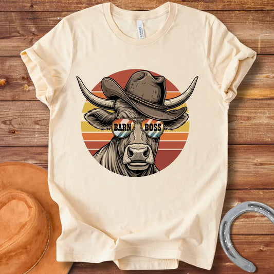 Illustration of a cow wearing a cowboy hat and sunglasses that says 'Barn Boss'