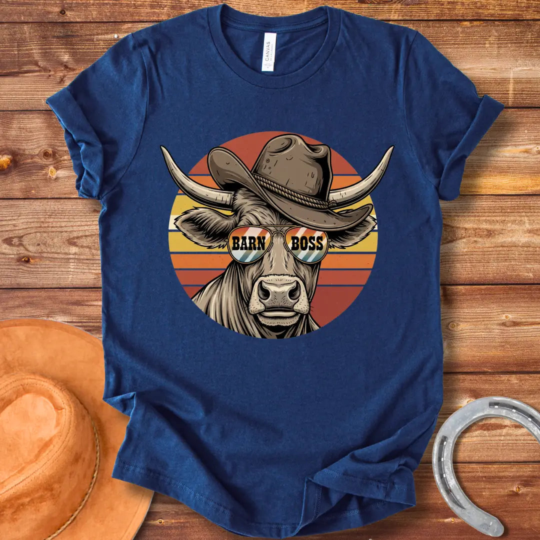 Illustration of a cow wearing a cowboy hat and sunglasses that says 'Barn Boss'