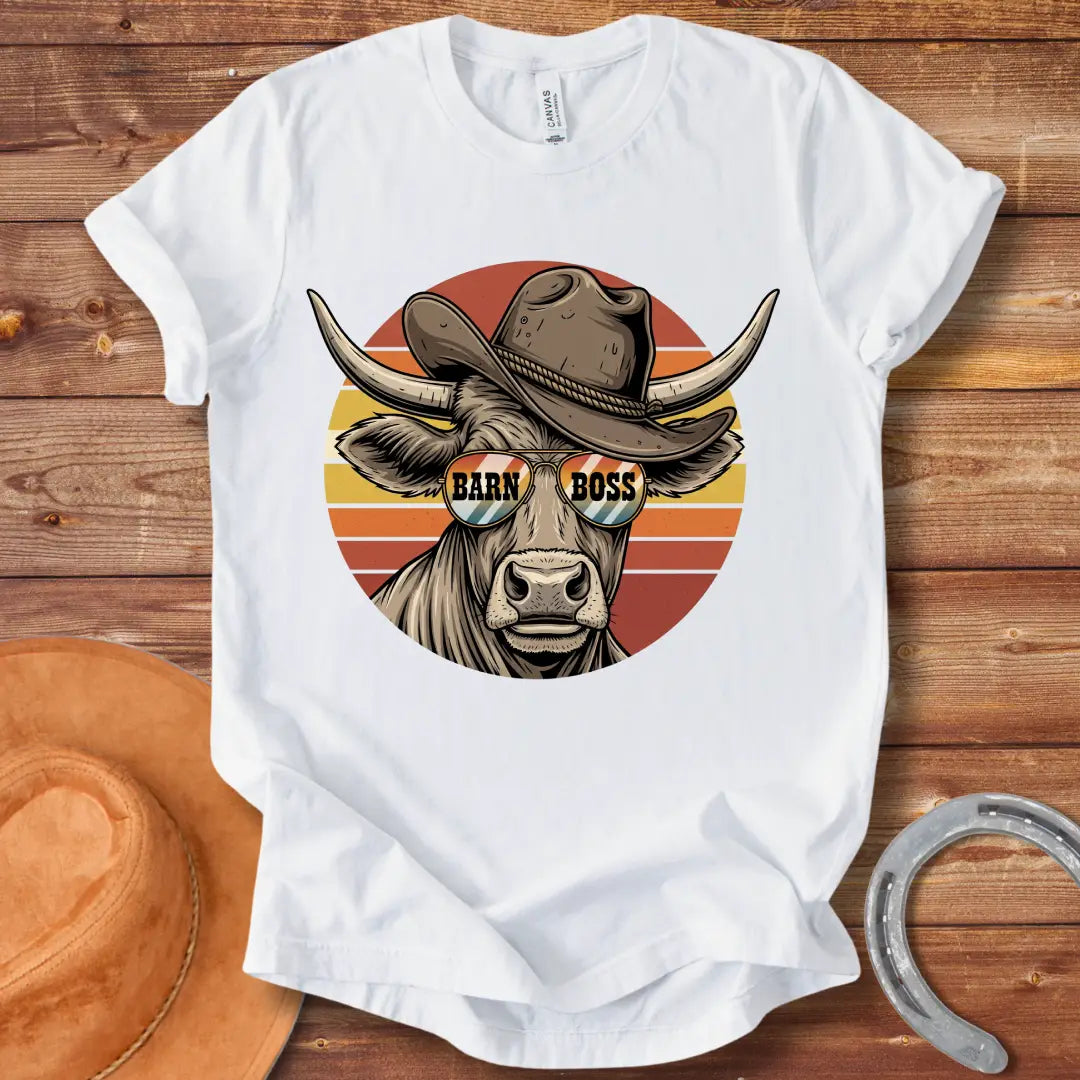 Illustration of a cow wearing a cowboy hat and sunglasses that says 'Barn Boss'