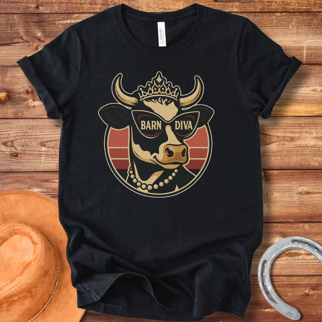 Barn Diva T-Shirt featuring a stylish cow wearing sunglasses and a crown, with the words 'Barn Diva' displayed.