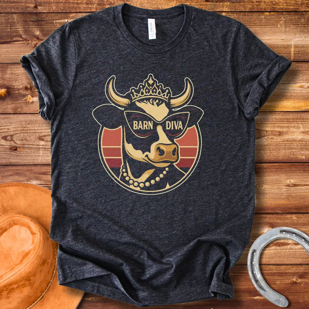 Barn Diva T-Shirt featuring a stylish cow wearing sunglasses and a crown, with the words 'Barn Diva' displayed.