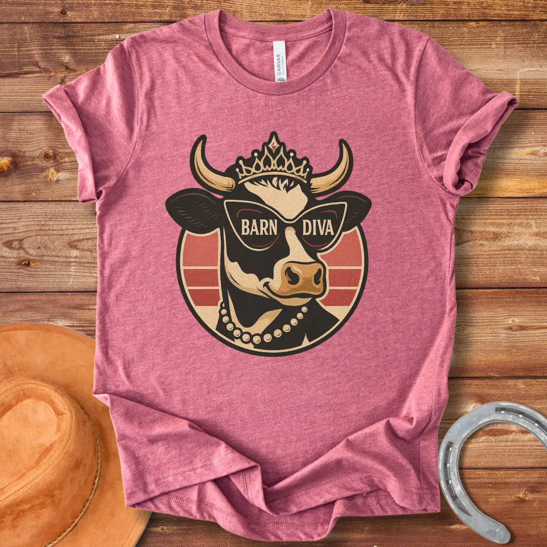 Barn Diva T-Shirt featuring a stylish cow wearing sunglasses and a crown, with the words 'Barn Diva' displayed.