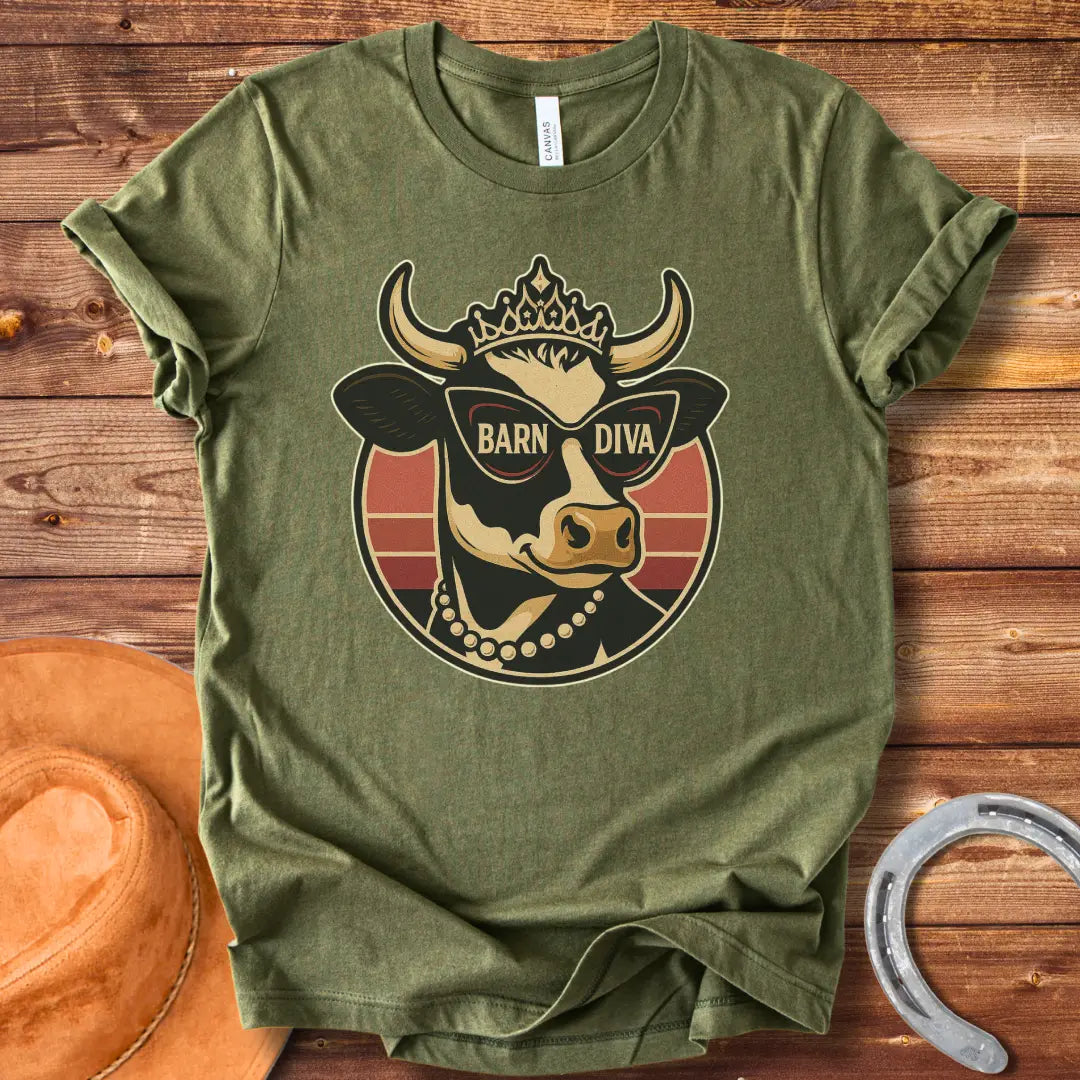 Barn Diva T-Shirt featuring a stylish cow wearing sunglasses and a crown, with the words 'Barn Diva' displayed.
