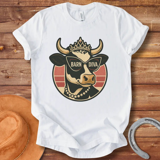 Barn Diva T-Shirt featuring a stylish cow wearing sunglasses and a crown, with the words 'Barn Diva' displayed.