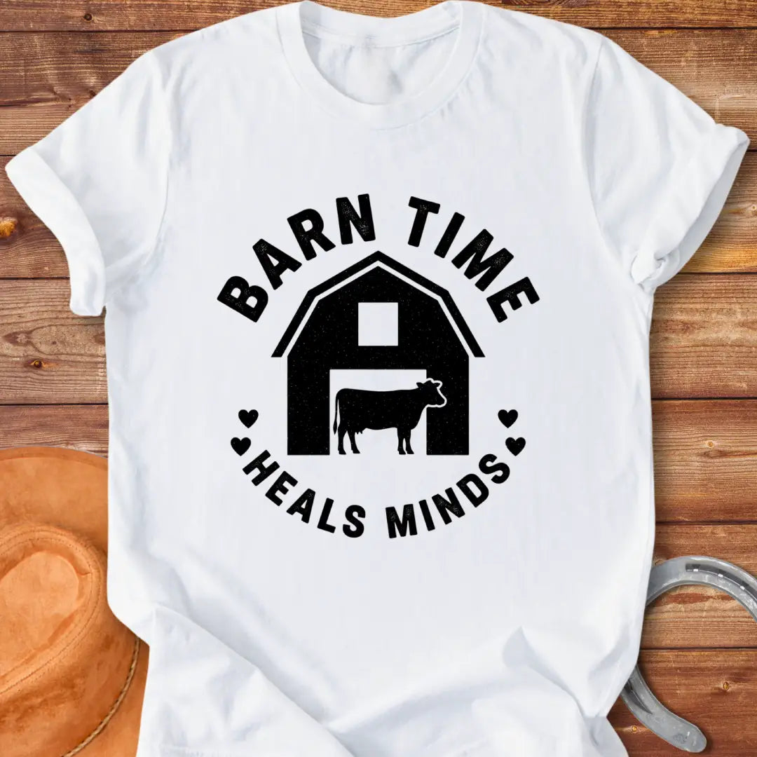 Barn Time Heals Minds T-shirt featuring a barn and text