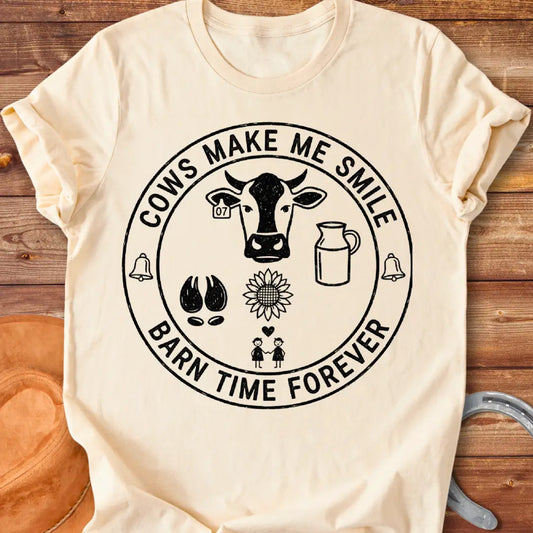 Barn Time Pact T-Shirt featuring a cow head, sunflower, milk jug, and happy people to express cow love.
