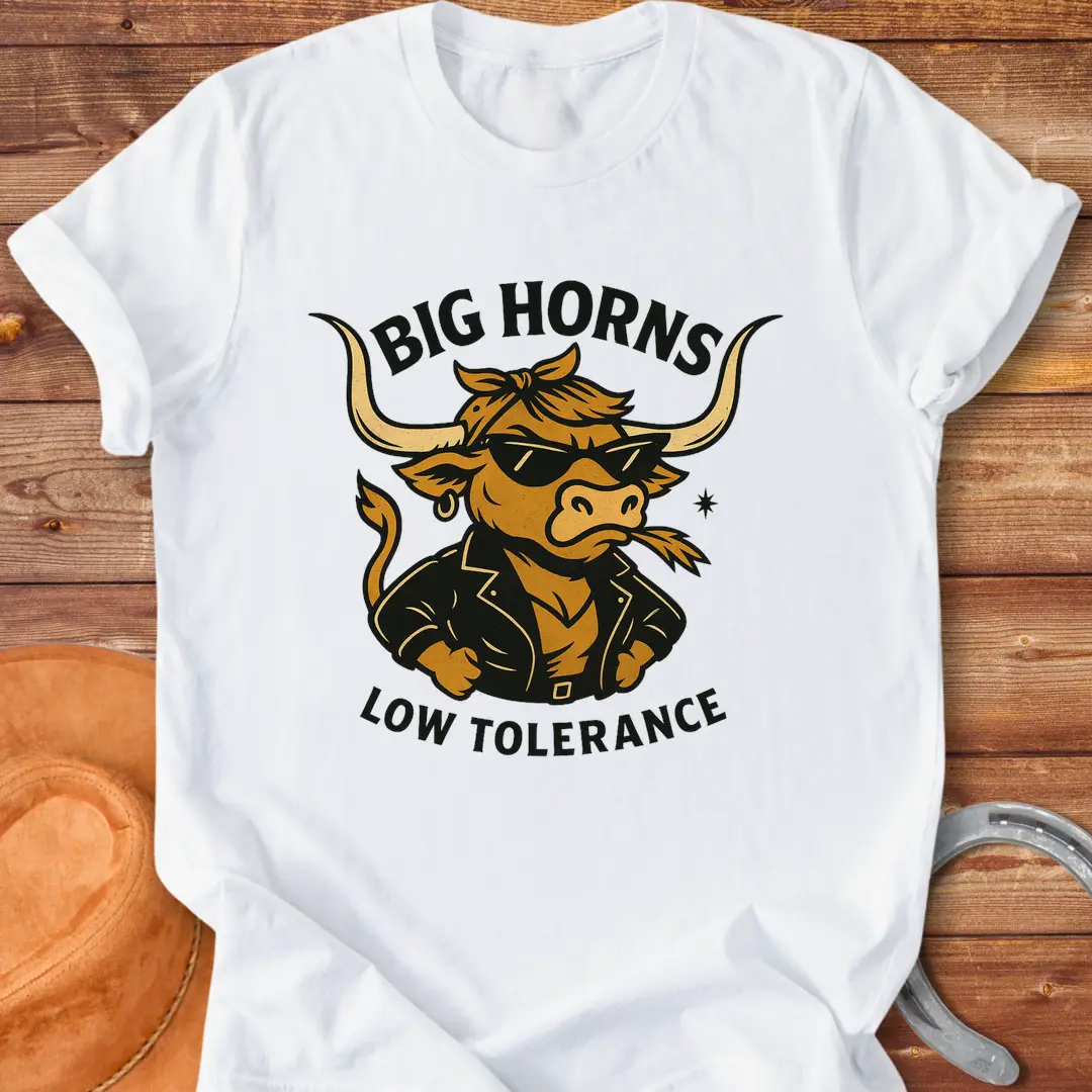 A cool cow wearing sunglasses and a leather jacket, with the words 'Big Horns Low Tolerance'.