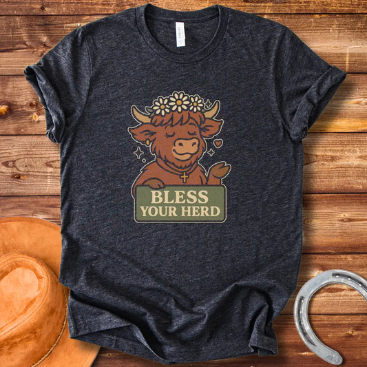 Illustration of a happy Highland cow wearing a flower crown and cross necklace, holding a sign that says 'Bless Your Herd'.