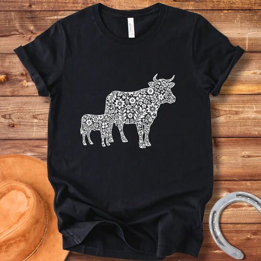 Boho design featuring a mom cow and calf filled with floral patterns.  A beautiful and expressive design to share cow love