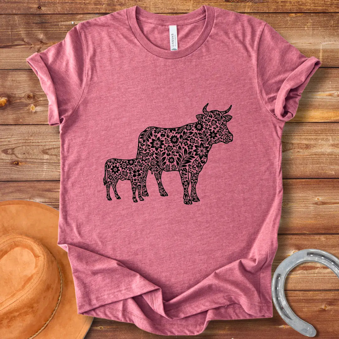 Boho design featuring a mom cow and calf filled with floral patterns.  A beautiful and expressive design to share cow love