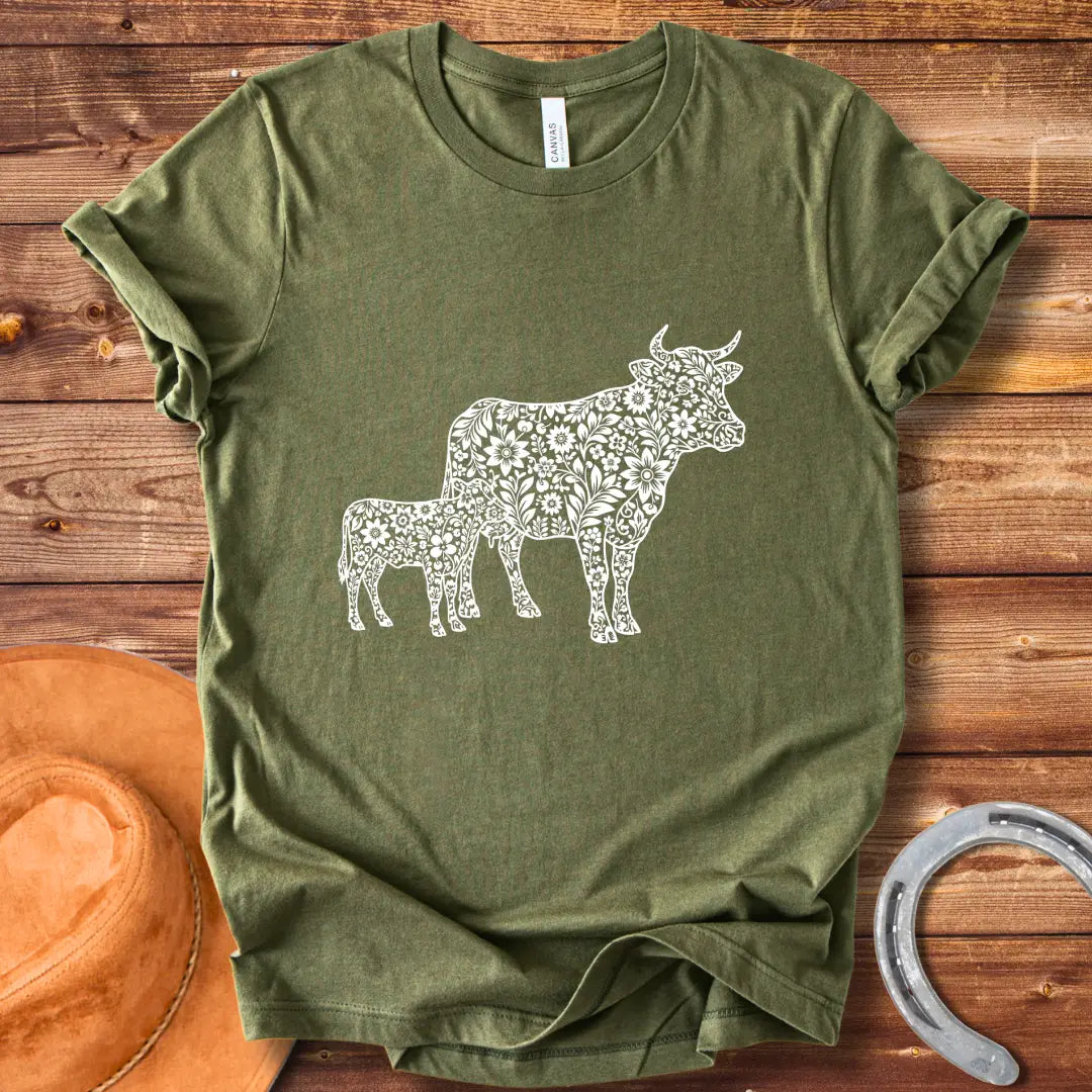 Boho design featuring a mom cow and calf filled with floral patterns.  A beautiful and expressive design to share cow love