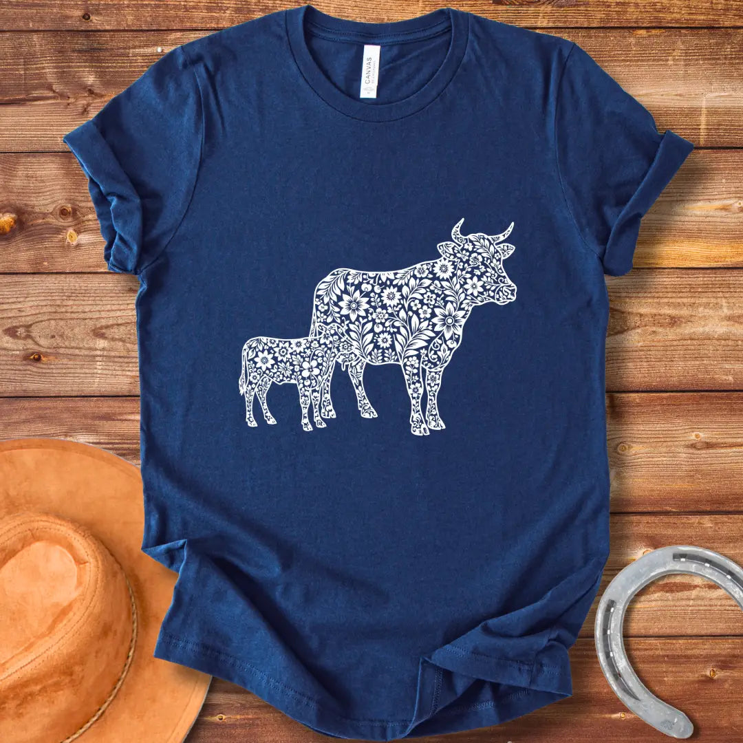 Boho design featuring a mom cow and calf filled with floral patterns.  A beautiful and expressive design to share cow love