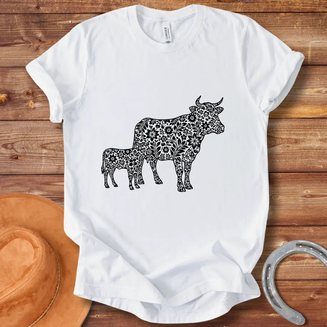 Boho design featuring a mom cow and calf filled with floral patterns.  A beautiful and expressive design to share cow love