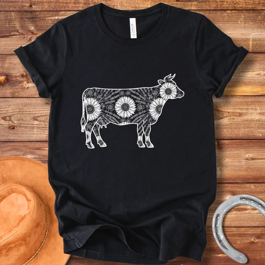 Botanical Cow Sketch T-Shirt featuring a cow silhouette filled with flowers and foliage